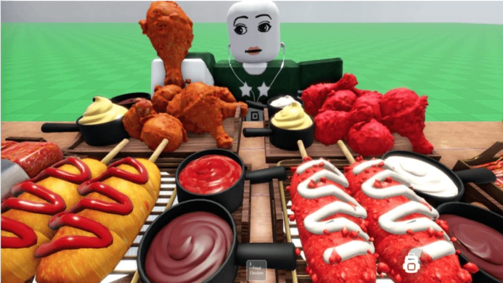 หน้าจอเกม Mukbang Game แสดงตัวละครนั่งโต๊ะพร้อมมุมกล้องสำหรับถ่ายคลิป